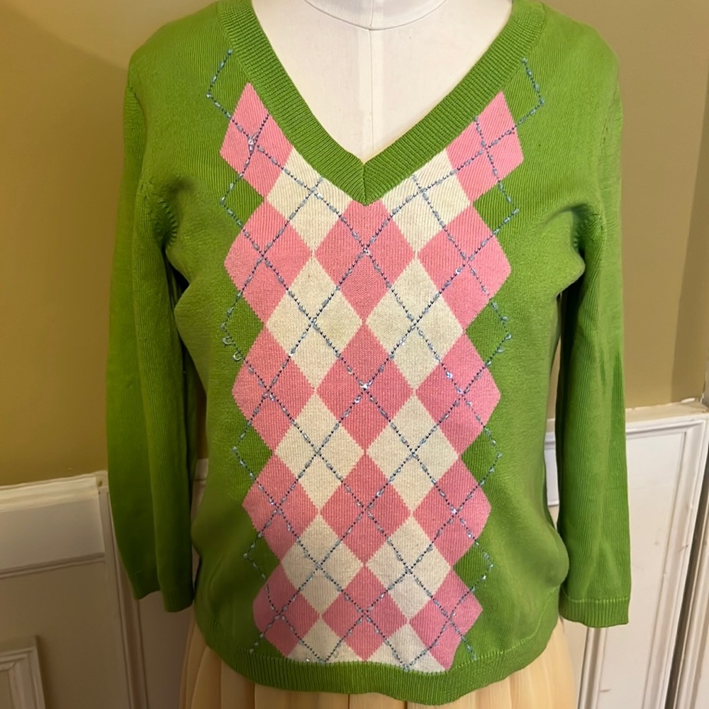 V-neck lime green 3/4 sleeve sweater-pink, white  & beads argyle